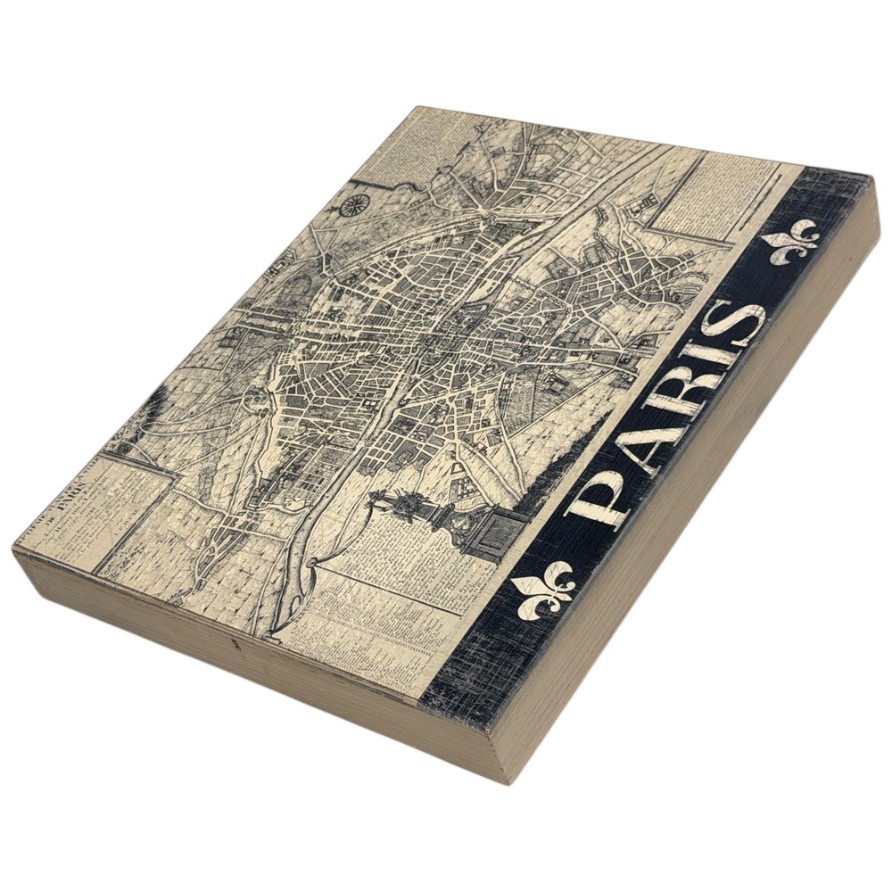Vintage Paris Map Wall Art‎ Wood Plaque Fleur De Lis Decor 14x11 Excellent